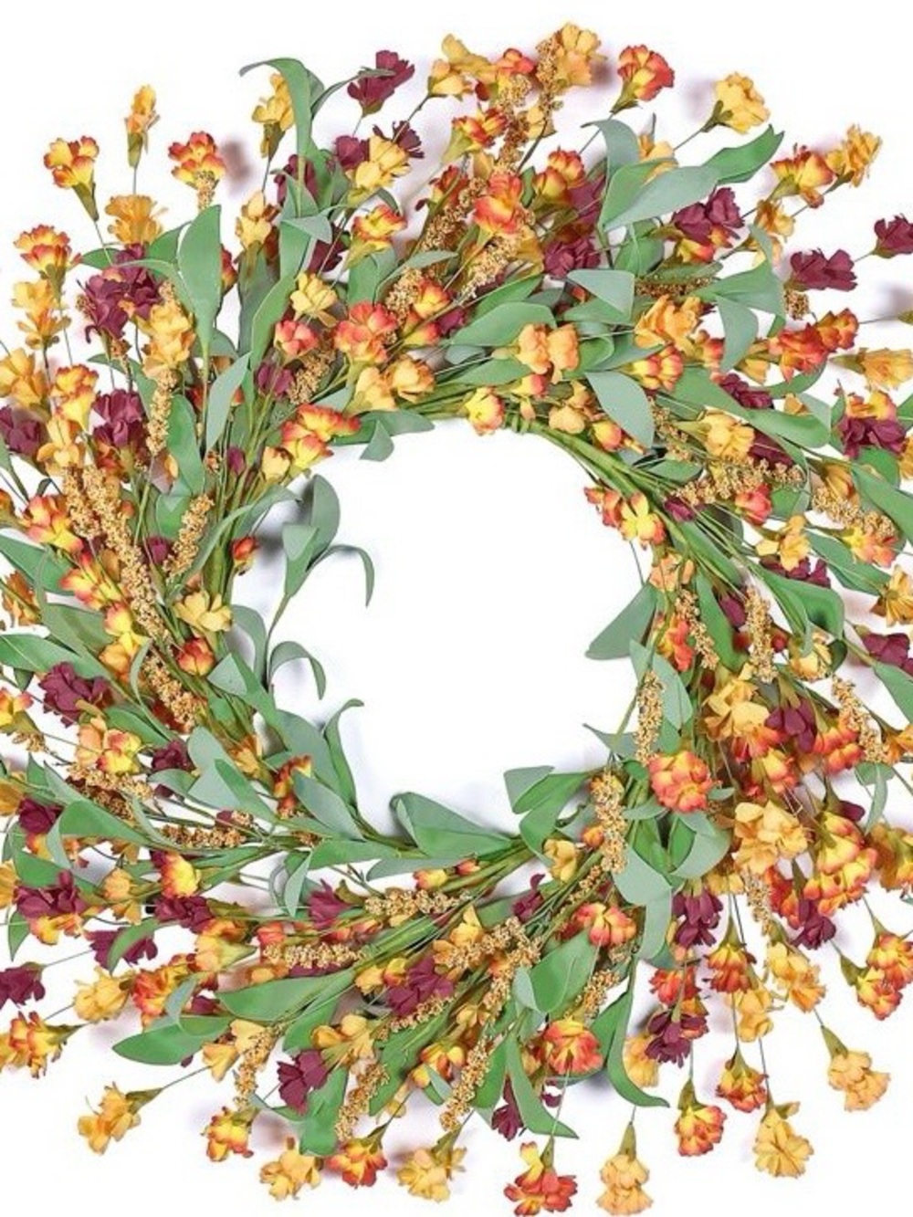 Autumn Floral Wreath - Yellow & Burgundy Faux Flowers